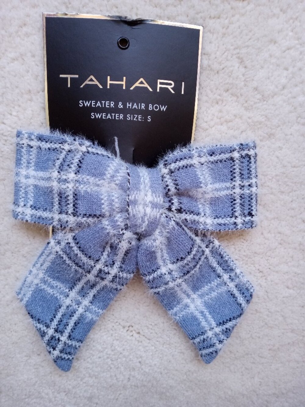TAHARI Blue Plaid Hair Bow with French Barrette - New